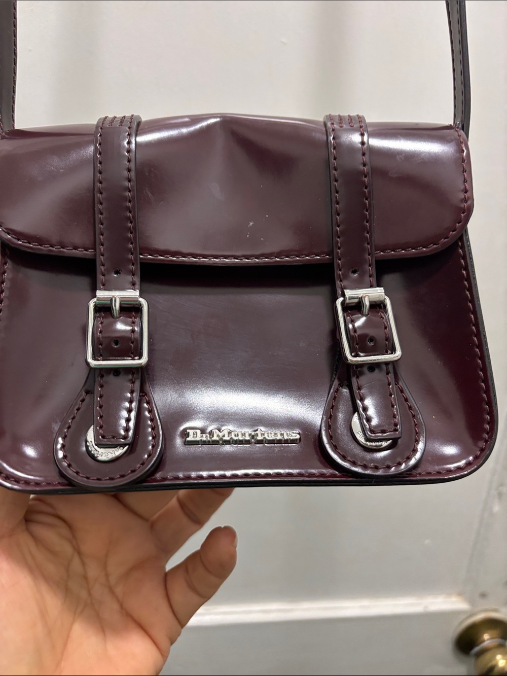 Dr. Martens Patent Leather Mini Satchel in Burgundy